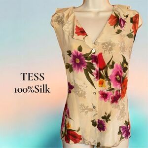 Tess Women's Vintage 90’s Floral 100% Silk Sleeveless Button Blouse Ruffle
